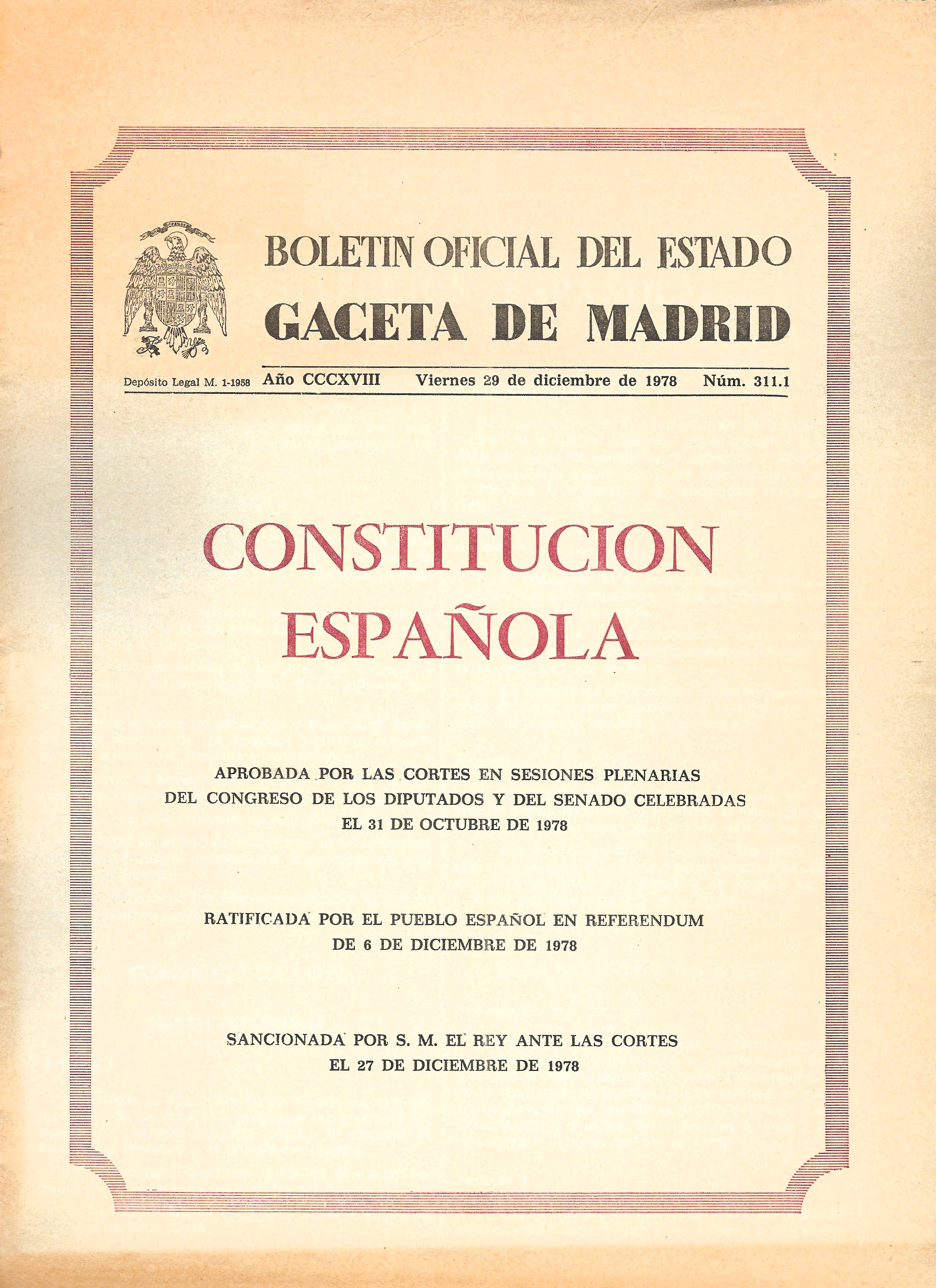 Portada del BOE con la Constitución de 1978