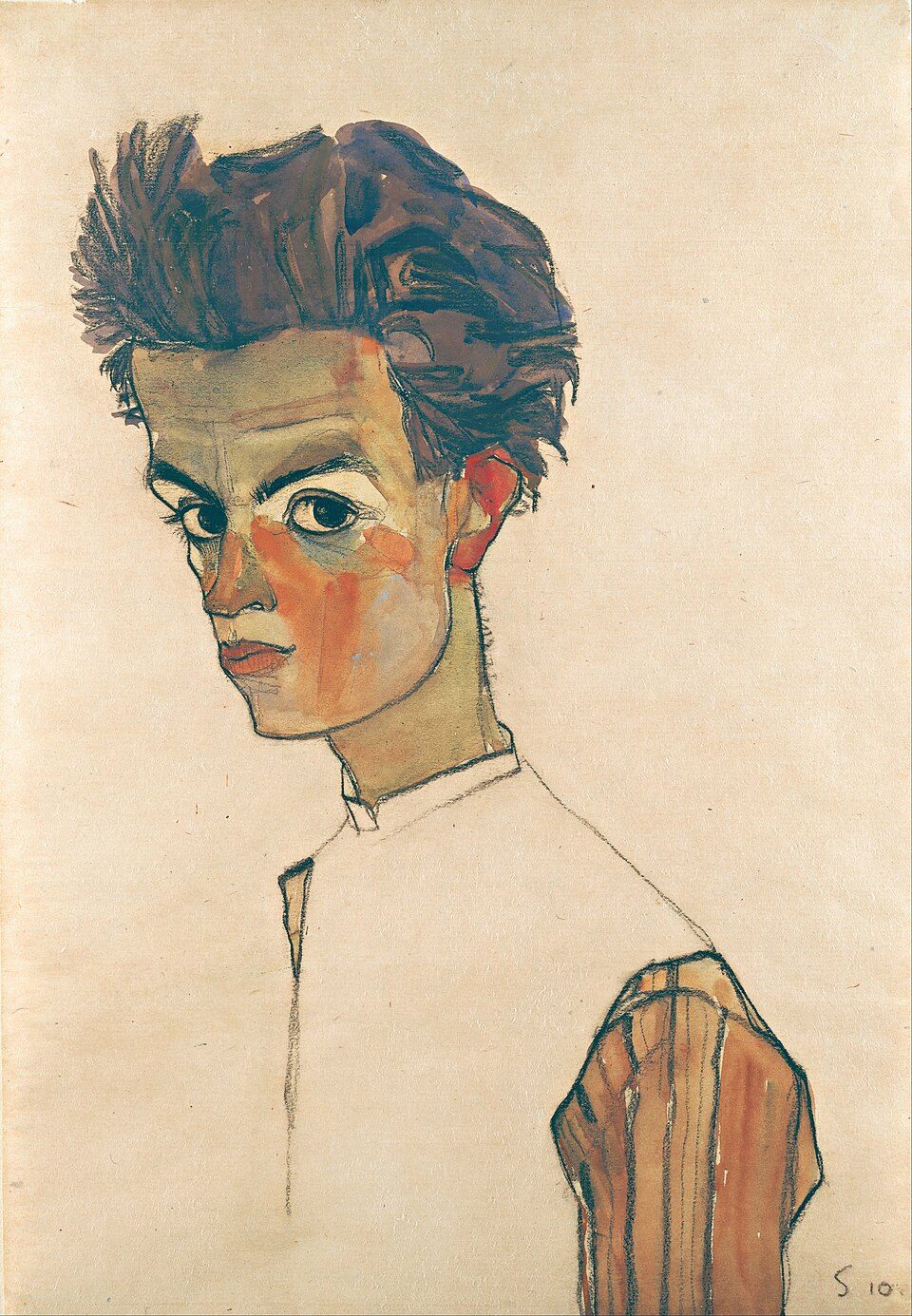 Autorretrato de Egon Schiele con camisa de rayas